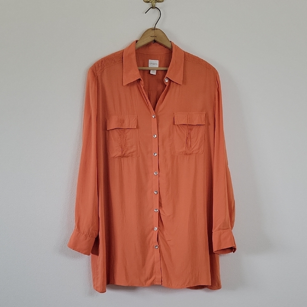 Chico's Burnt Orange Rayon Button Down‎ Tunic Size Large
